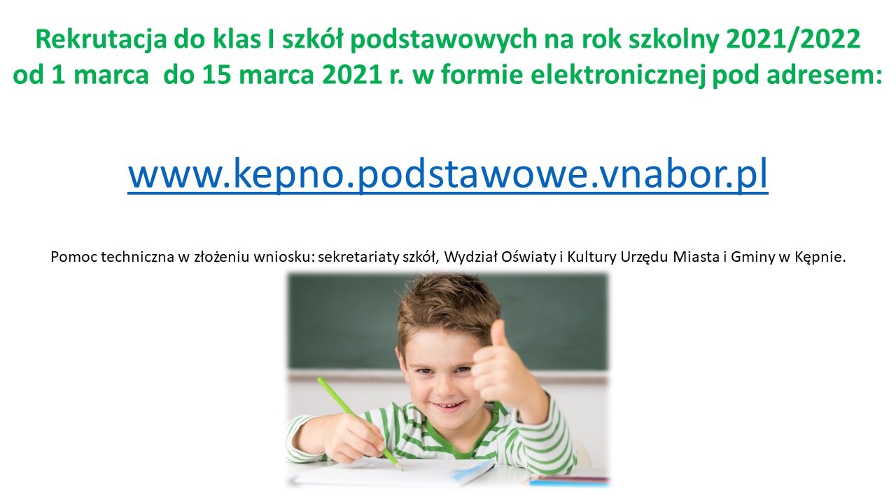Rekrutacja do klas I szkół podstawowych na rok szkolny 2021/2022 r. od 1 marca  do 15 marca 2021 r.