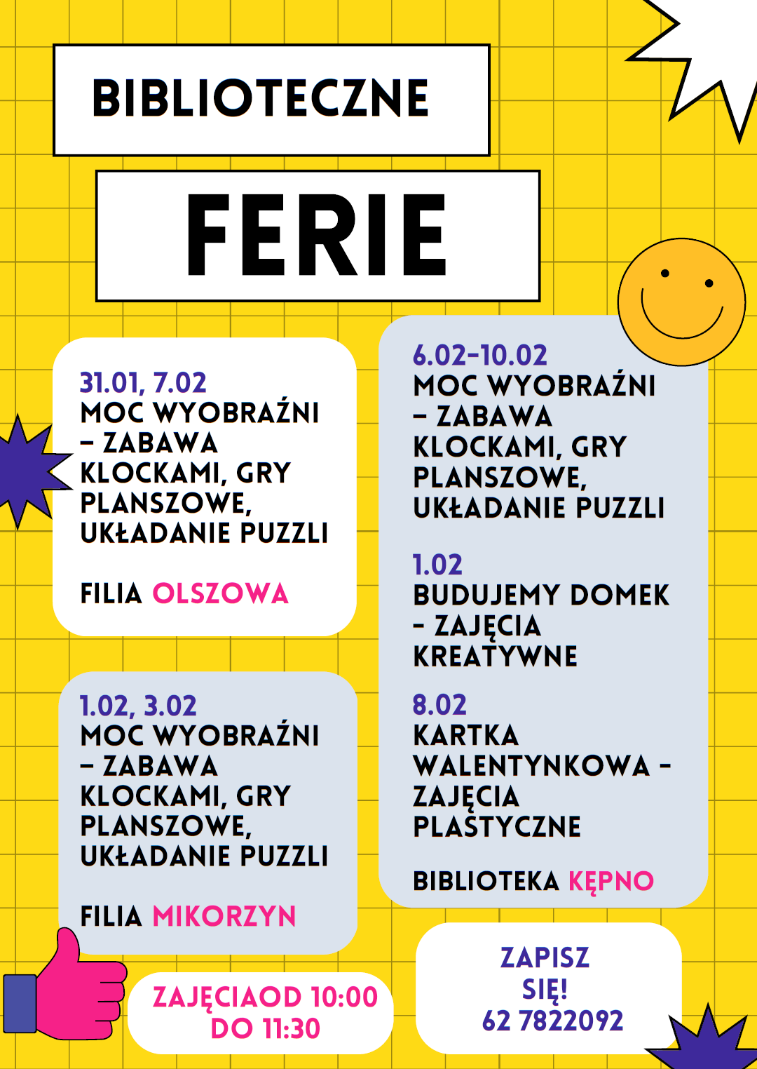 W drugim tygodniu ferii Oddział dla Dzieci i Młodzieży, zaprasza dzieci szkolne codziennie od 10:00 – 11:30 do wspólnej zabawy „Moc wyobraźni – zabawa klockami” oraz układania puzzli.