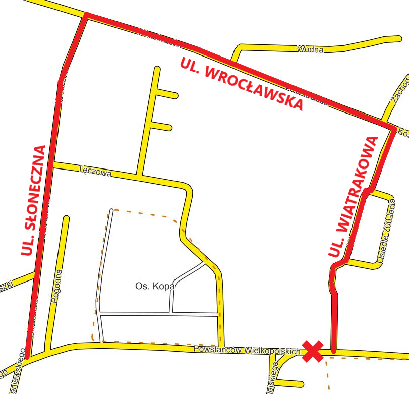 Mapa zmiany organizacji ruchu przy ul ks. P. Wawrzyniaka 