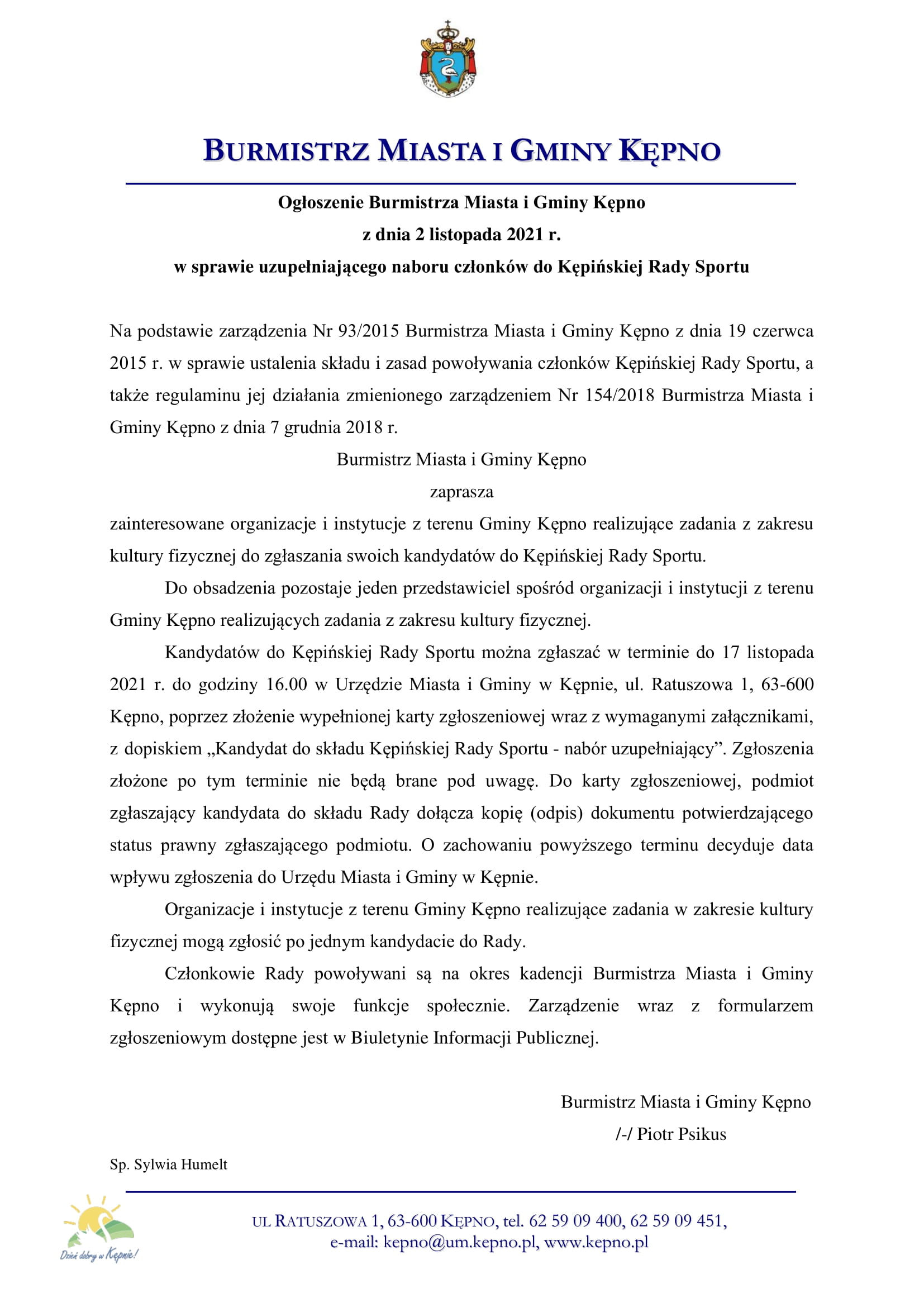 Ogłoszenie o naborze na członka Rady sportu 