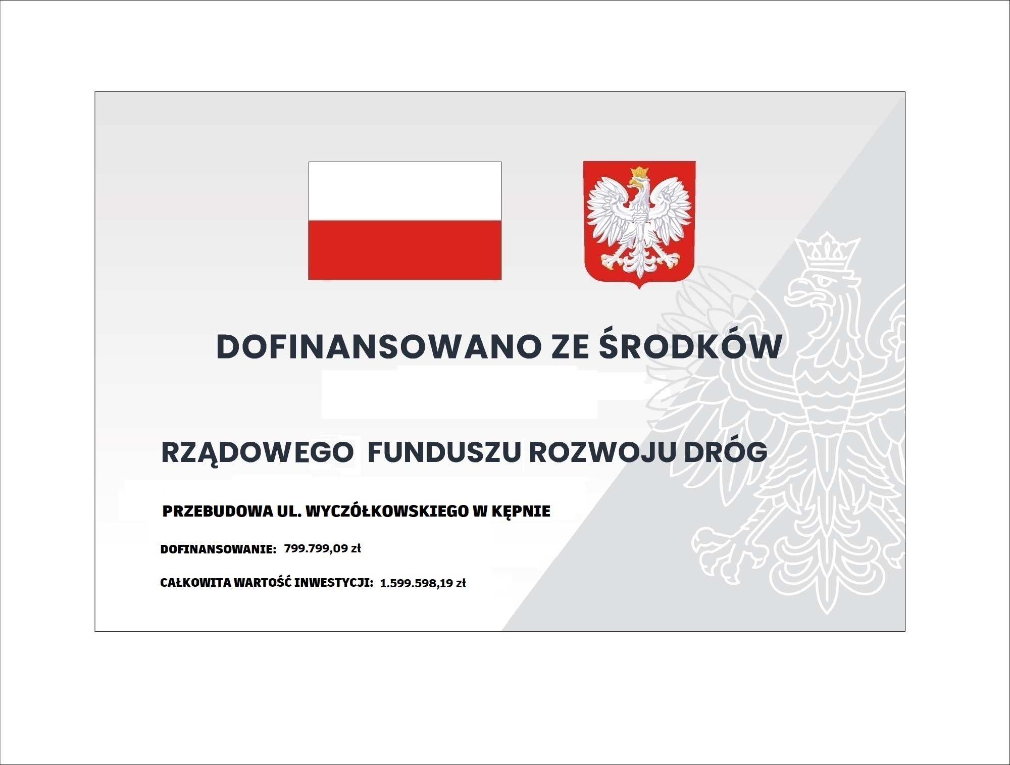 „Przebudowa ul. Wyczółkowskiego w Kępnie”  Przedmiotem zamierzenia budowlanego jest przebudowa drogi gminnej – ulicy Wyczółkowskiego (od ul. Sygietyńskiego do ul. Nowowiejskiego). Przewiduje się wykonanie drogi o nawierzchni bitumicznej szerokości 5,50m na długości 610m.   Zakres prac obejmuje m.in. prace rozbiórkowe i wykonanie robót ziemnych, regulacje studni urządzeń podziemnych, wykonanie wpustów deszczowych, wymianę nawierzchni jezdni (z tłuczniowej na bitumiczną), wykonanie poboczy gruntowych, ułożenie krawężnika, zabezpieczenie infrastruktury zlokalizowanej w pasie drogowym, umocnienie poboczy kruszywem łamanym, dostawę i montaż oznakowania pionowego.  Najkorzystniejszą ofertę złożyło Kępińskie Przedsiębiorstwo Drogowo – Mostowe S.A.  Całkowita wartość inwestycji: 1 599 598,19 zł.  Gmina Kępno uzyskała dofinansowanie na to zadanie w kwocie 799.799,09 zł w ramach dofinansowań z Rządowego Funduszu Rozwoju Dróg.  Termin realizacji zadania: do 25 kwietnia 2025 r.